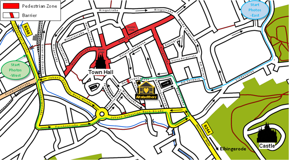 Ferienwohnungen Altstadtherz - Holiday Apartments Altstadtherz - Map of the Wernigerode town centre showing one way streets, pedestrian zones and road barriers